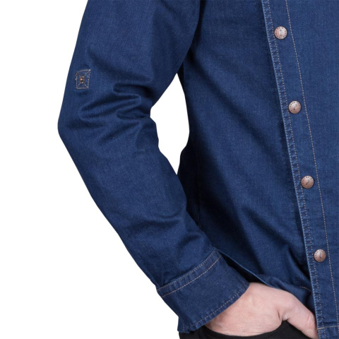 Bluza kucharska z jeansu - zatrzaski, guzik, stójka - dla kucharzy i gastronomii REIS