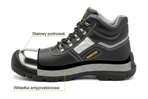 Buty ochronne trzewiki S3 rozm. 45 z metalowym podnoskiem i wkładką antyprzebiciową – antypoślizgowe MONTER